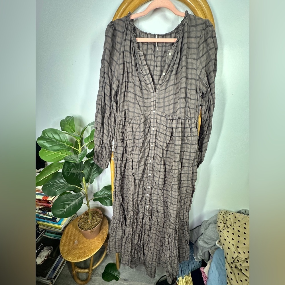 Free People Brown Plaid Button-Front Midi Dress - Picture 5 of 8